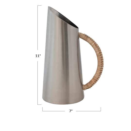 Hello Honey® 11" Modern Boho Angled Stainless Steel Pitcher with Rattan Wrapped Handle